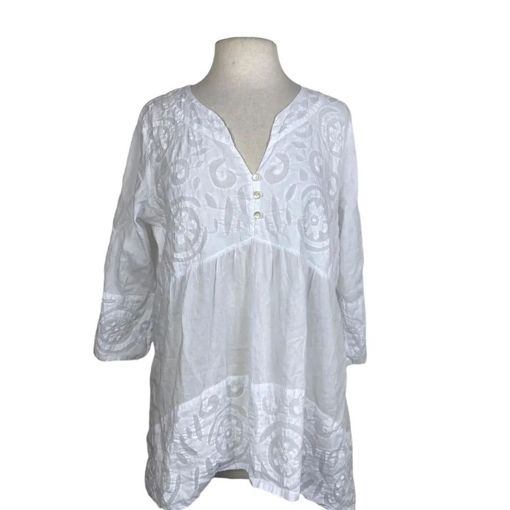Le Cera L appliqué trimmed tunic top 100% cotton high low v neck